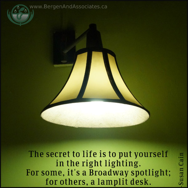 Quote by Susan Cain on a poster by Bergen and Associates:“The secret to life is to put yourself in the right lighting. For some, it